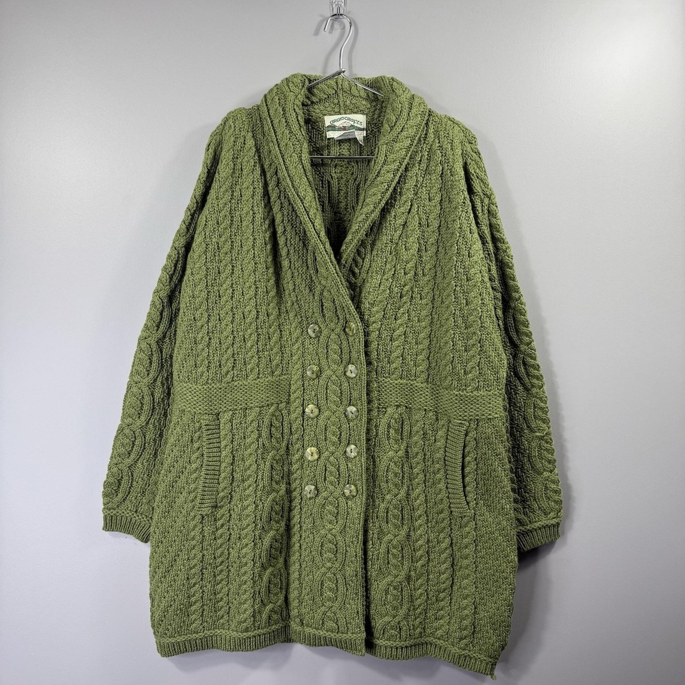 Aran Crafts Sweater Womens XXL Green Merino Wool Knit Cardigan Ireland